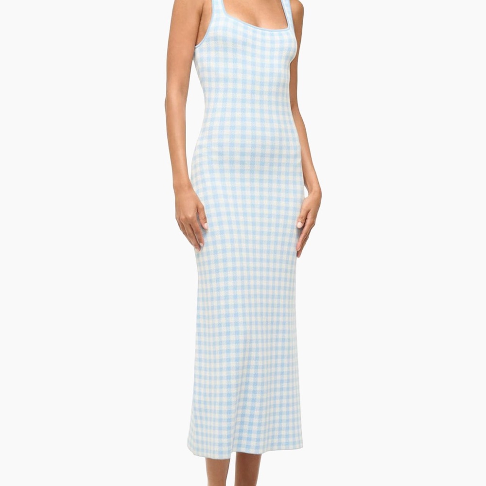 STAUD Blue and White Checkered Midi Dress